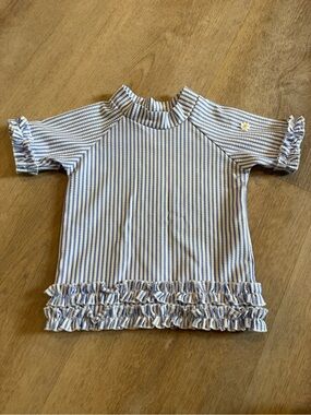 Ruffle Butts Blue & White Striped Ruffle Hem Kids Swim Top